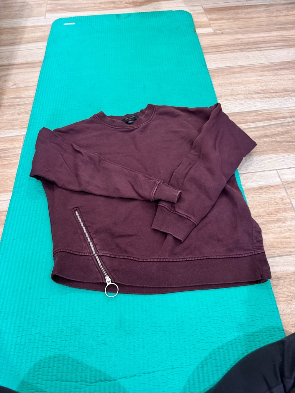 All Saints Burgundy Crewneck Sweater with Diagonal Zip
